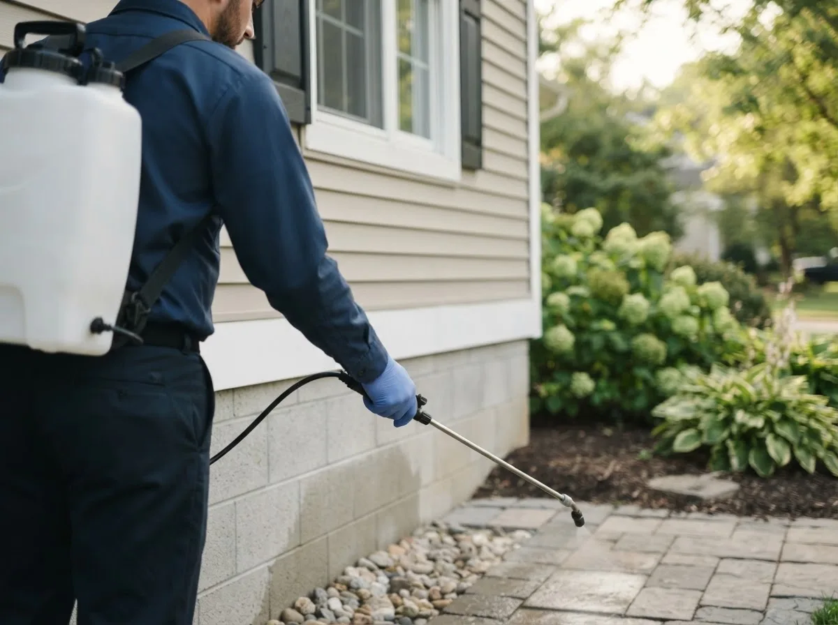 Pest control technician inspecting a home in Verona, OH